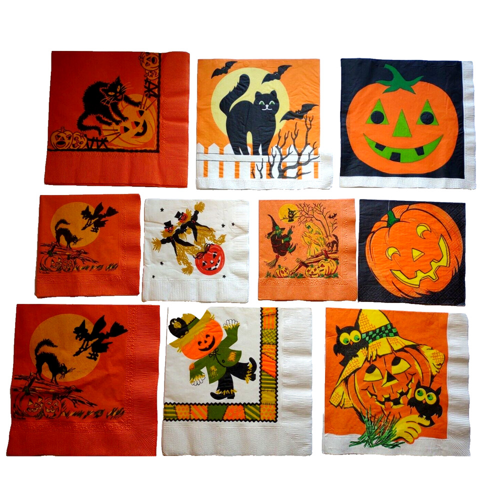 Halloween Vintage Paper Napkins Lot Of 10 Scarecrow Black Cats Witches Owls Bats